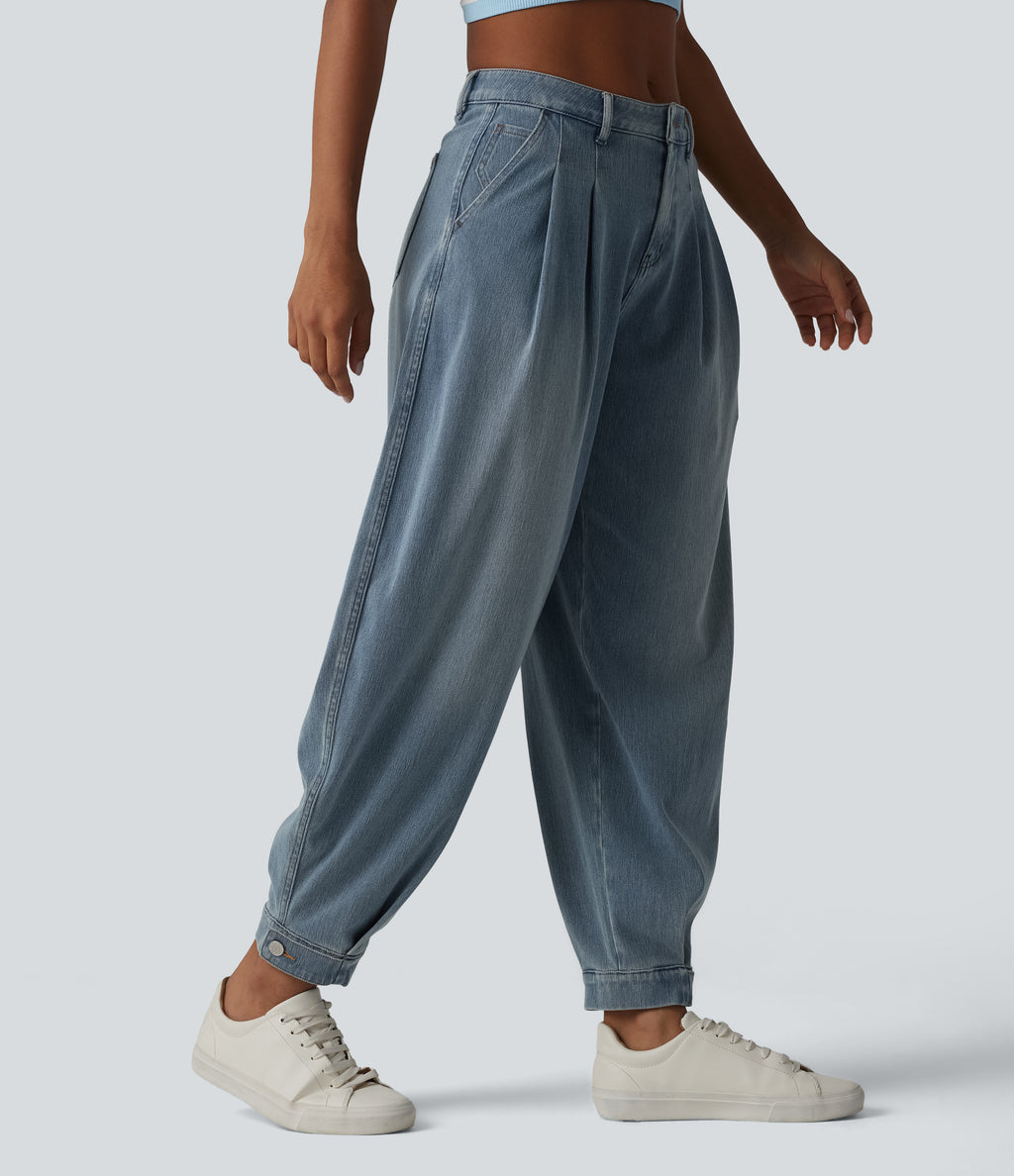 Mid Rise Denim Casual Balloon Joggers with Pockets — Blue Jasper Denim — view 1
