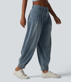 Mid Rise Denim Casual Balloon Joggers with Pockets — Blue Jasper Denim — view 1