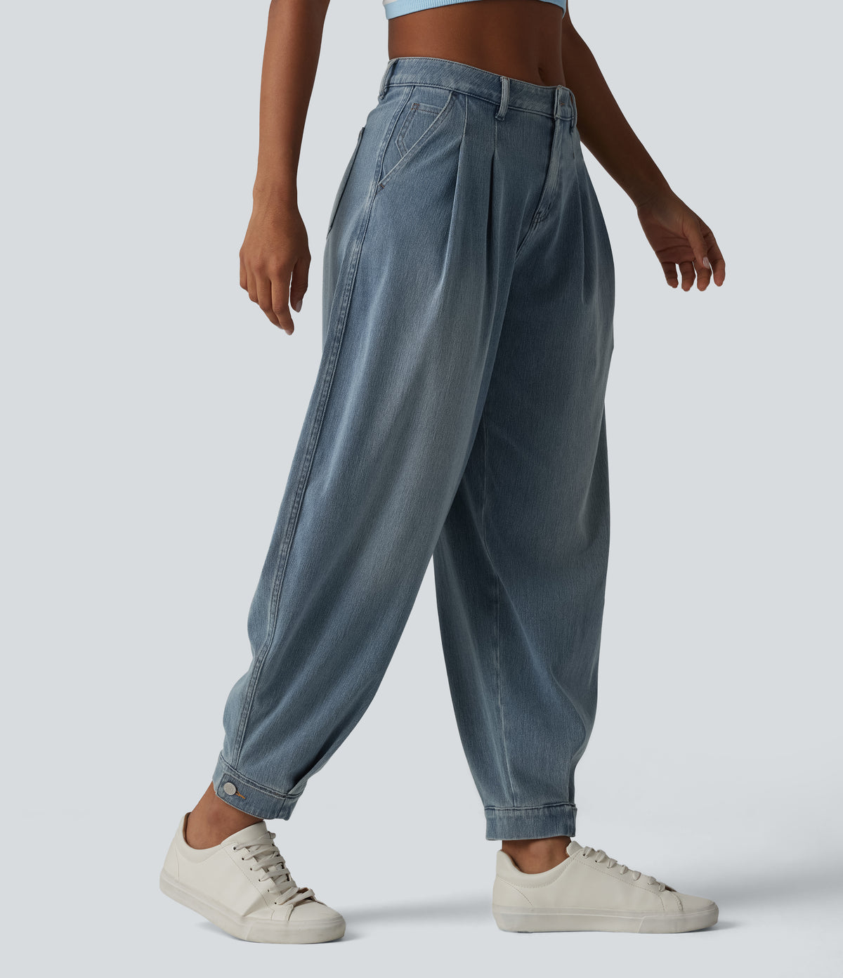 Mid Rise Denim Casual Balloon Joggers with Pockets — Blue Jasper Denim — view 1
