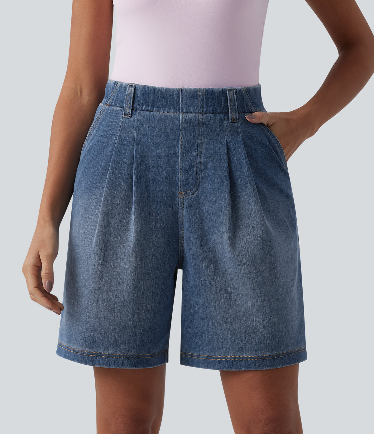 High Waisted Pleated Denim Casual Baggy Shorts with Pockets — Tide Blue Denim — view 2