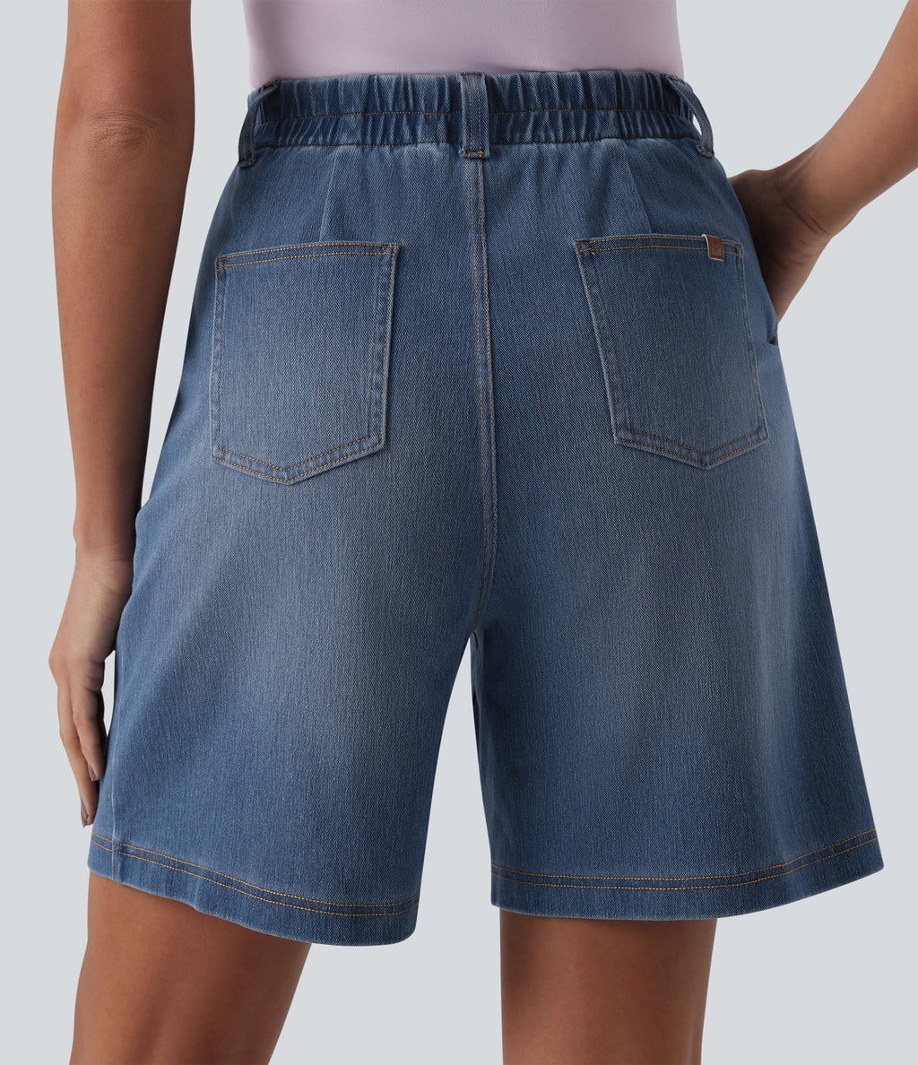 High Waisted Pleated Denim Casual Baggy Shorts with Pockets — Tide Blue Denim — view 5