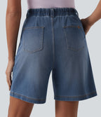 High Waisted Pleated Denim Casual Baggy Shorts with Pockets — Tide Blue Denim — view 5
