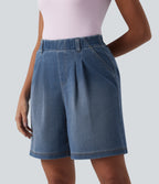 High Waisted Pleated Denim Casual Baggy Shorts with Pockets — Tide Blue Denim — view 4