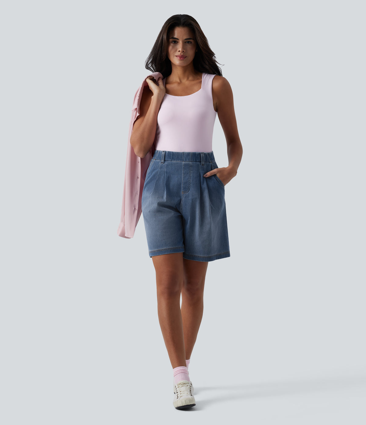 High Waisted Pleated Denim Casual Baggy Shorts with Pockets — Tide Blue Denim — view 6