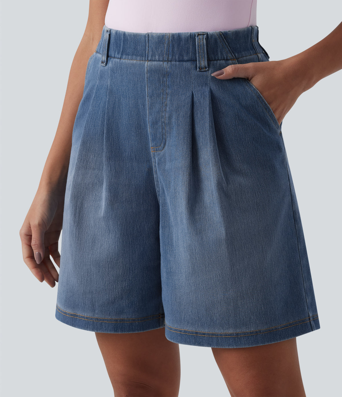 High Waisted Pleated Denim Casual Baggy Shorts with Pockets — Tide Blue Denim — view 1