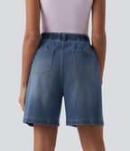 High Waisted Pleated Denim Casual Baggy Shorts with Pockets — Tide Blue Denim — view 3