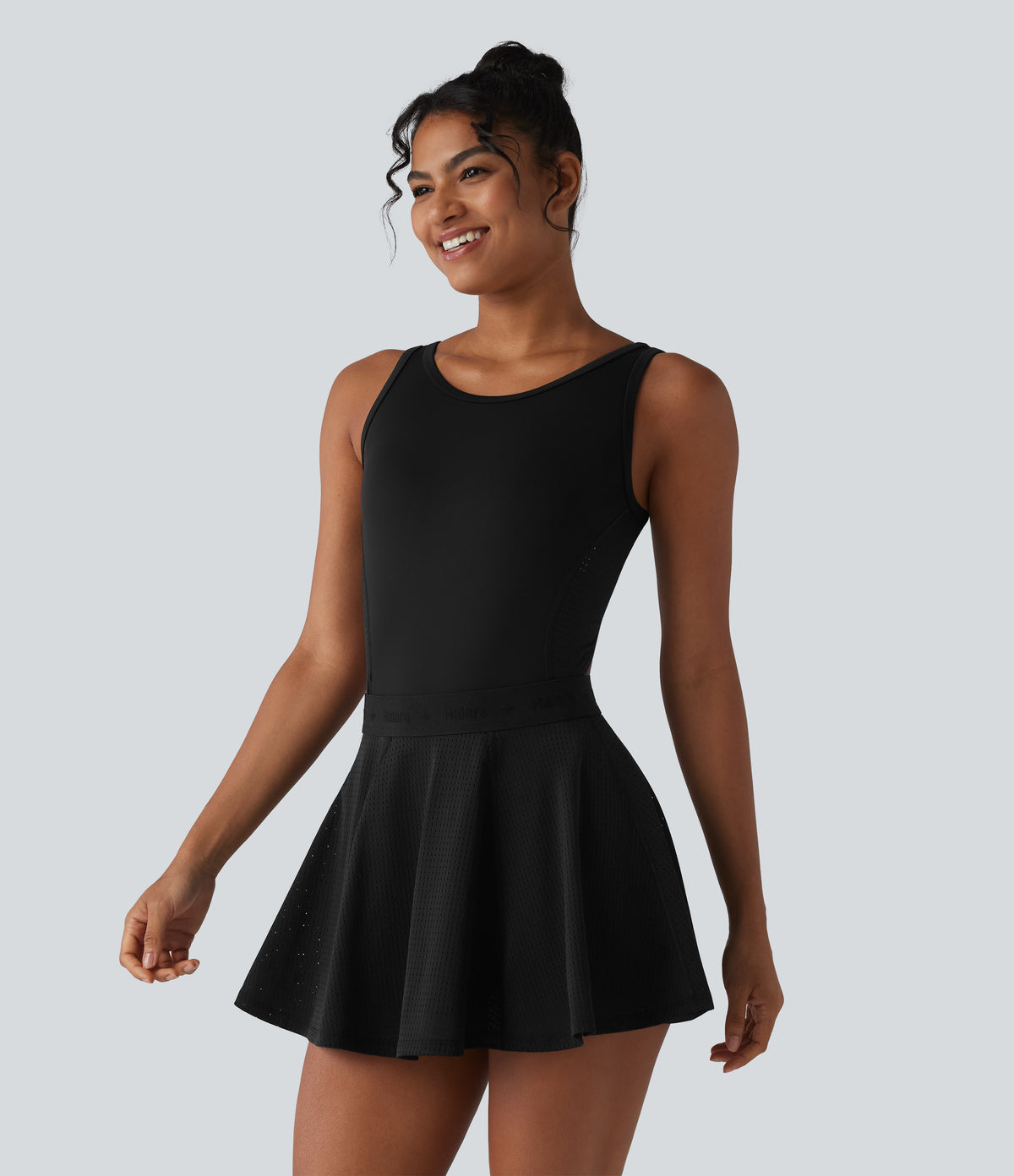Backless Sleeveless Pockets Breathable Mesh Yoga Playsuit with Detachable Skirt — Black — view 3