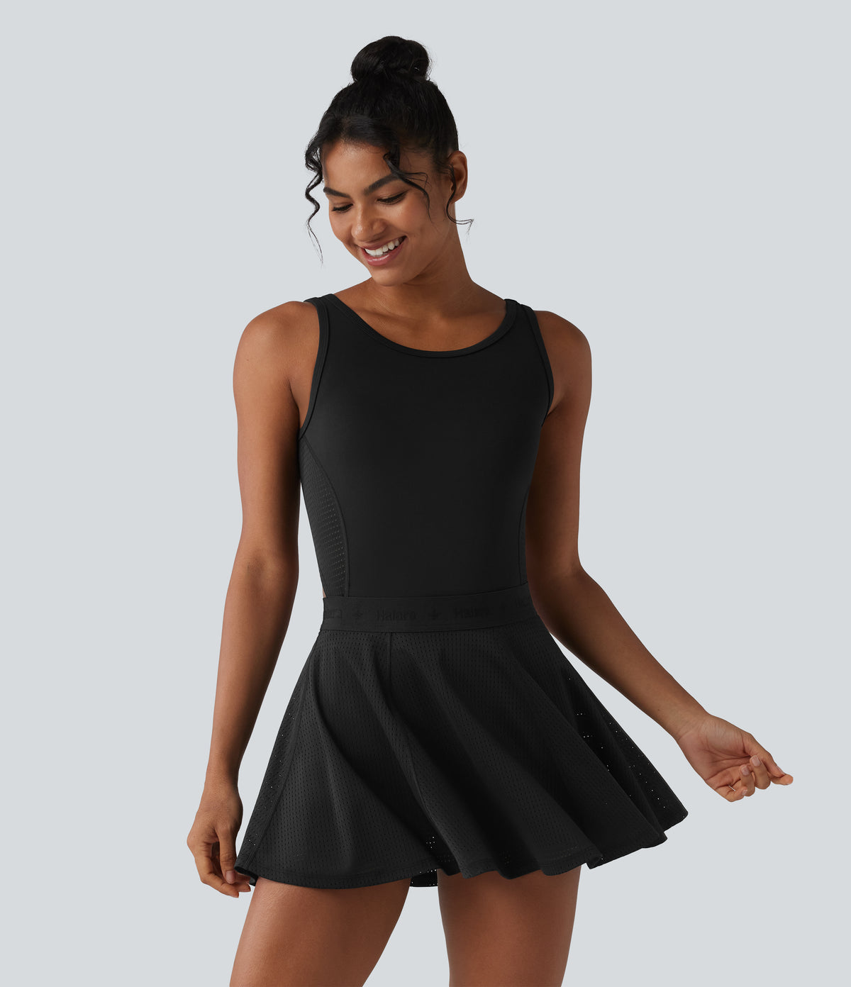 Backless Sleeveless Pockets Breathable Mesh Yoga Playsuit with Detachable Skirt — Black — view 1
