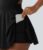 Backless Sleeveless Pockets Breathable Mesh Yoga Playsuit with Detachable Skirt — Black — view 8