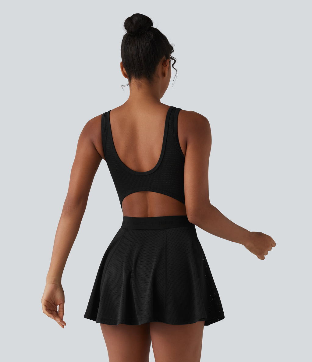 Backless Sleeveless Pockets Breathable Mesh Yoga Playsuit with Detachable Skirt — Black — view 2