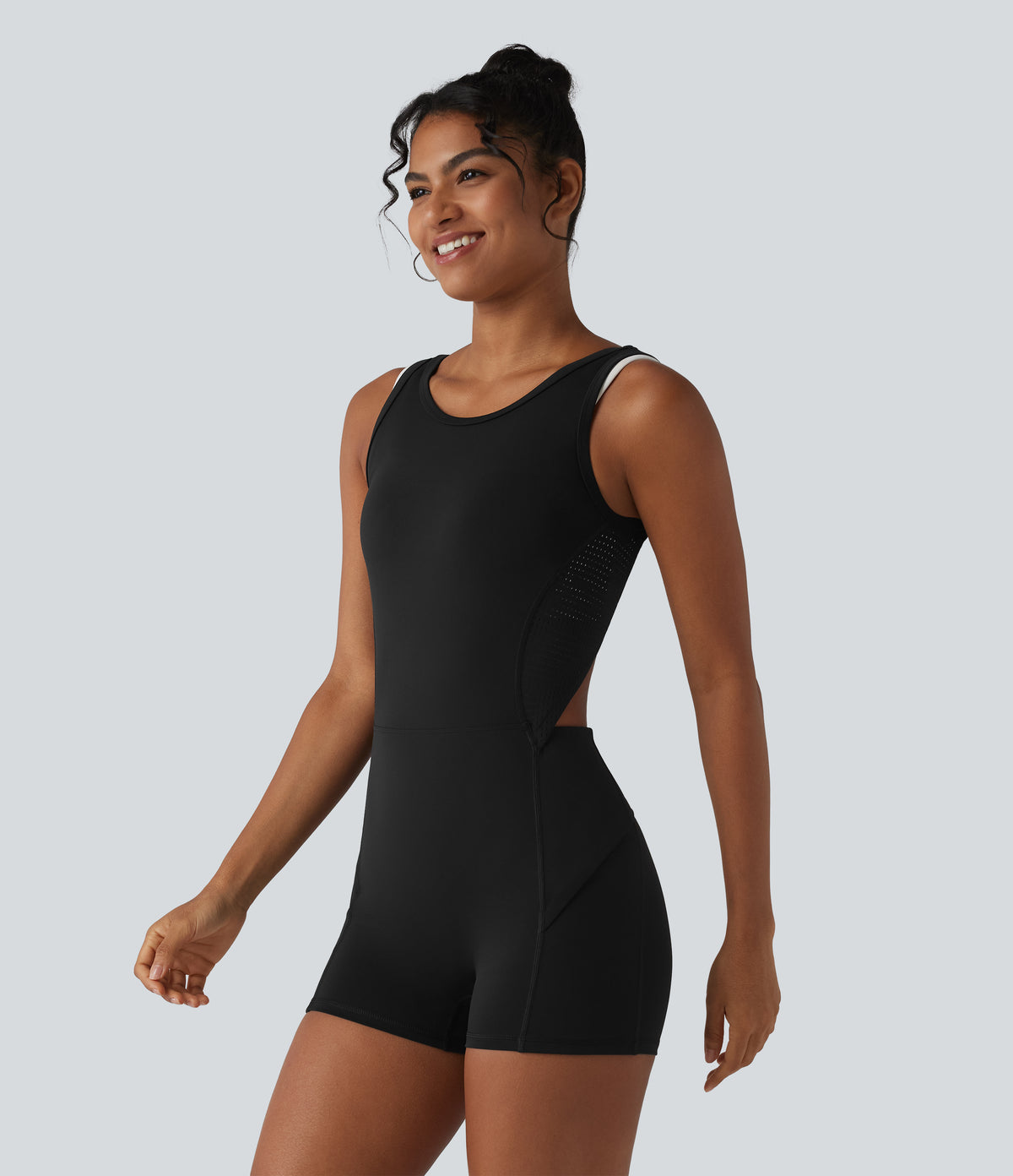 Backless Sleeveless Pockets Breathable Mesh Yoga Playsuit with Detachable Skirt — Black — view 5