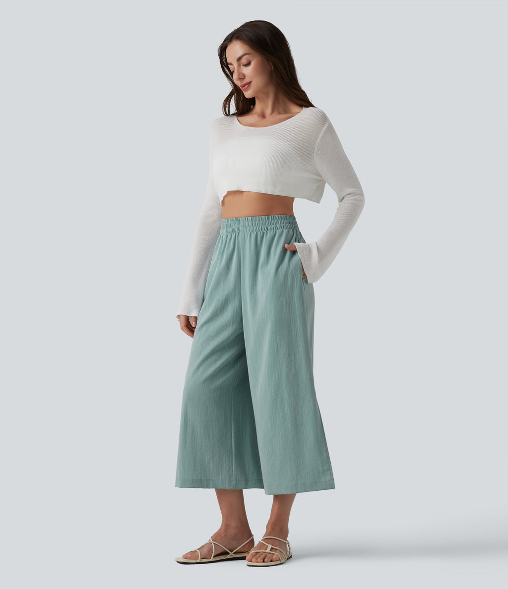 High Waisted Split Linen-Feel Casual Cropped Baggy Trousers with Pockets — Silverwood Sage — view 6