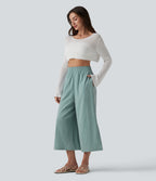 High Waisted Split Linen-Feel Casual Cropped Baggy Trousers with Pockets — Silverwood Sage — view 6