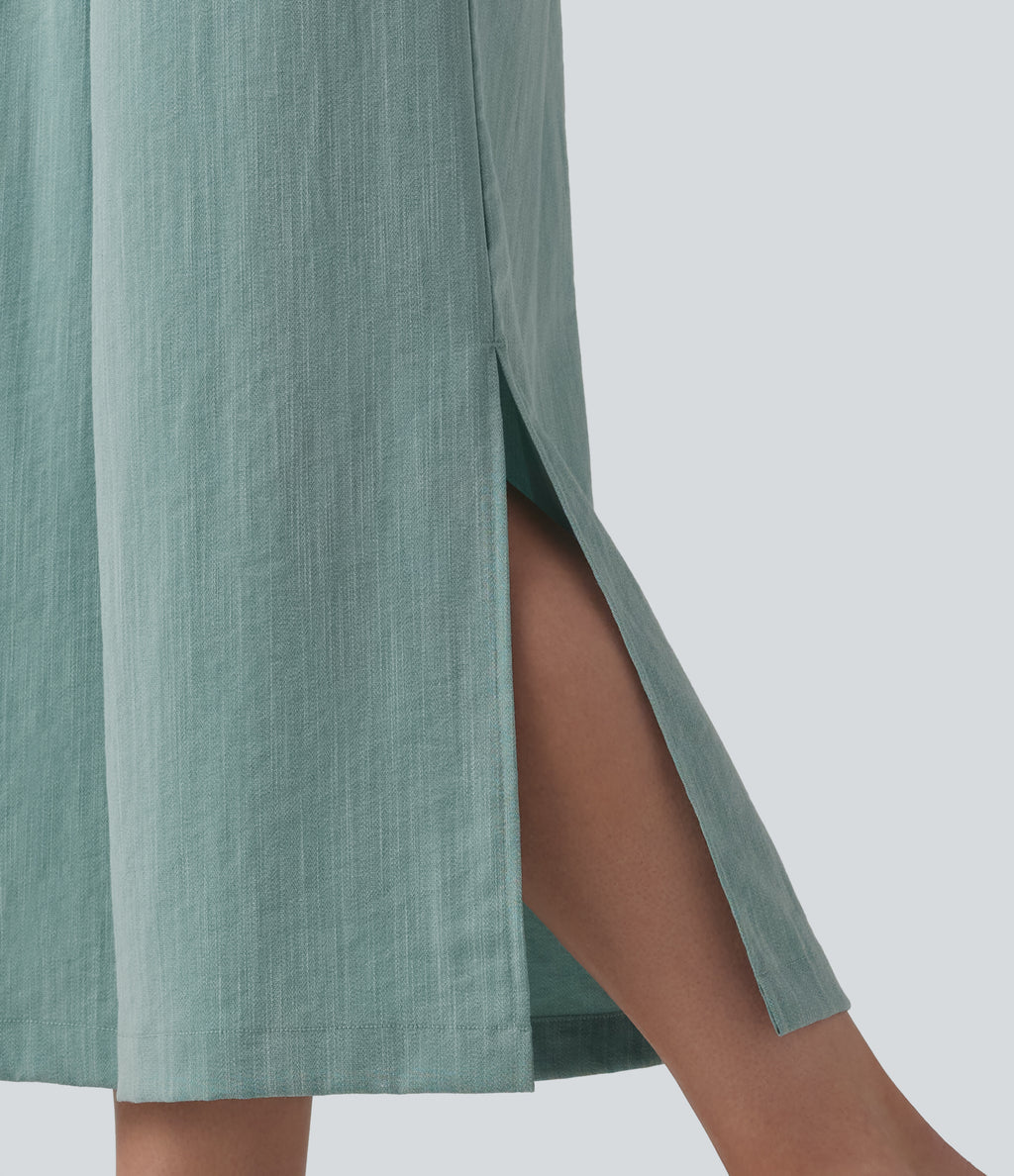 High Waisted Split Linen-Feel Casual Cropped Baggy Trousers with Pockets — Silverwood Sage — view 5