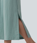 High Waisted Split Linen-Feel Casual Cropped Baggy Trousers with Pockets — Silverwood Sage — view 5