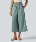 High Waisted Split Linen-Feel Casual Cropped Baggy Trousers with Pockets — Silverwood Sage — view 3