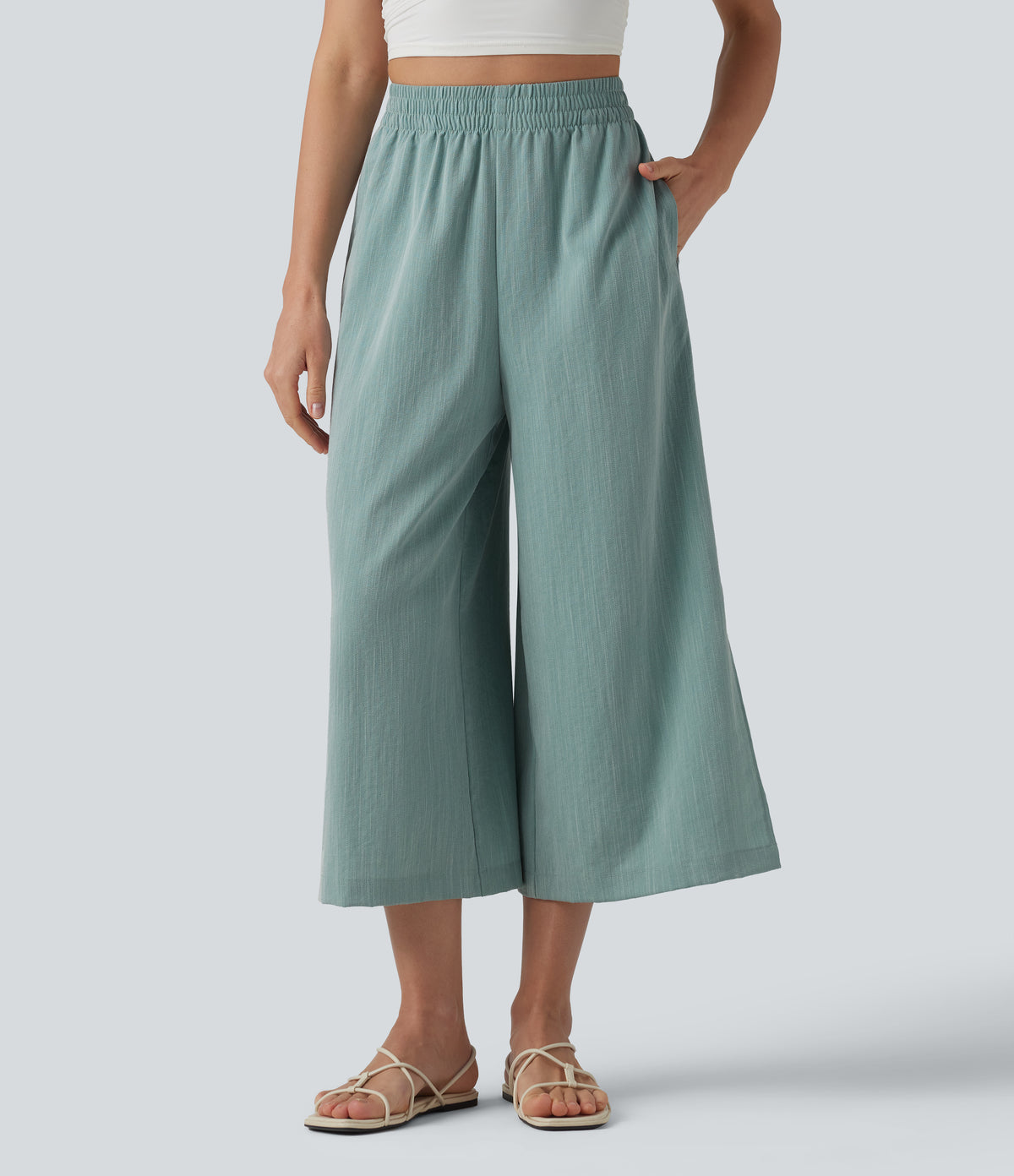 High Waisted Split Linen-Feel Casual Cropped Baggy Trousers with Pockets — Silverwood Sage — view 3
