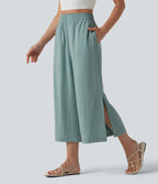 High Waisted Split Linen-Feel Casual Cropped Baggy Trousers with Pockets — Silverwood Sage — view 1