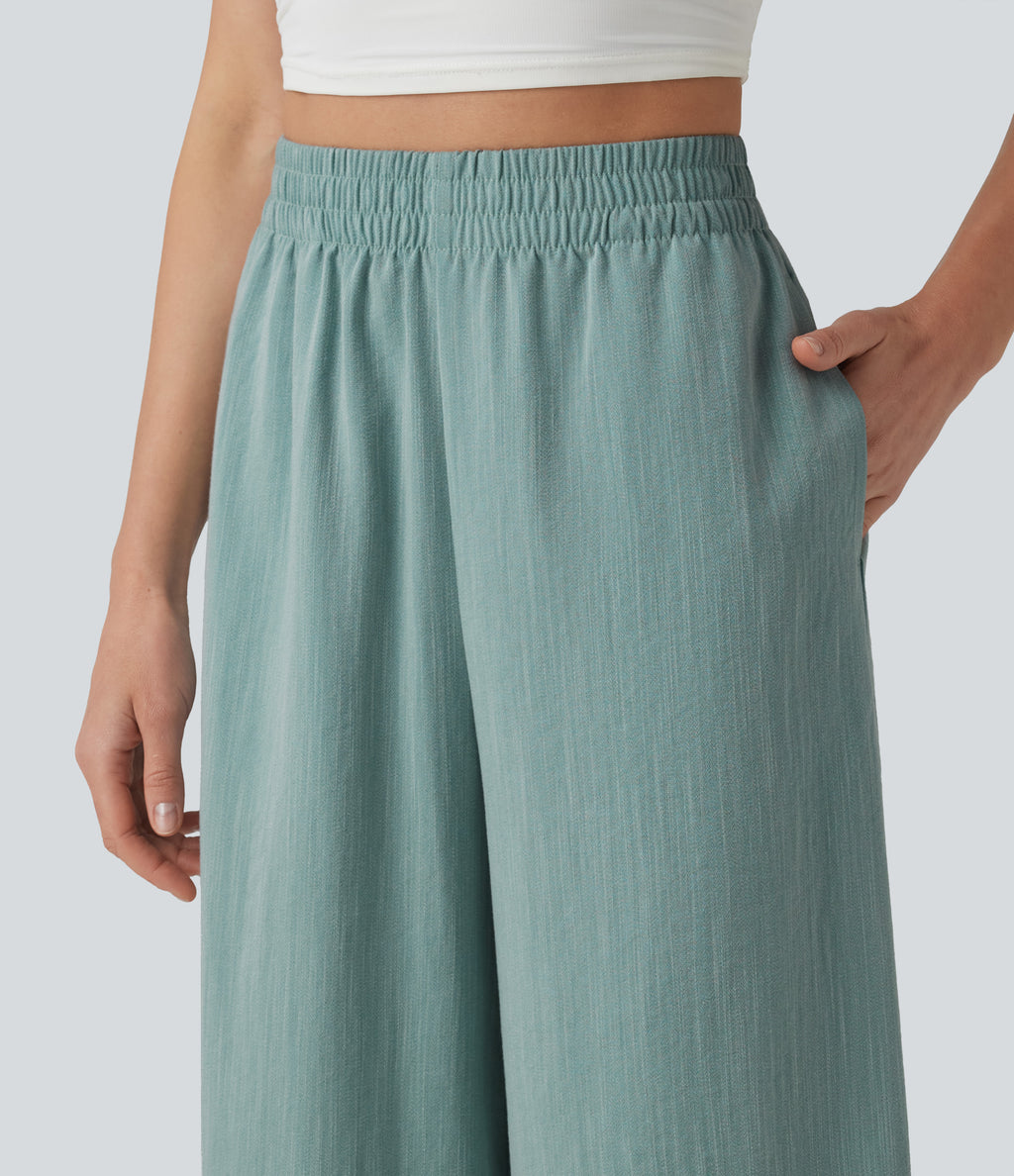 High Waisted Split Linen-Feel Casual Cropped Baggy Trousers with Pockets — Silverwood Sage — view 4