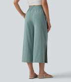 High Waisted Split Linen-Feel Casual Cropped Baggy Trousers with Pockets — Silverwood Sage — view 2
