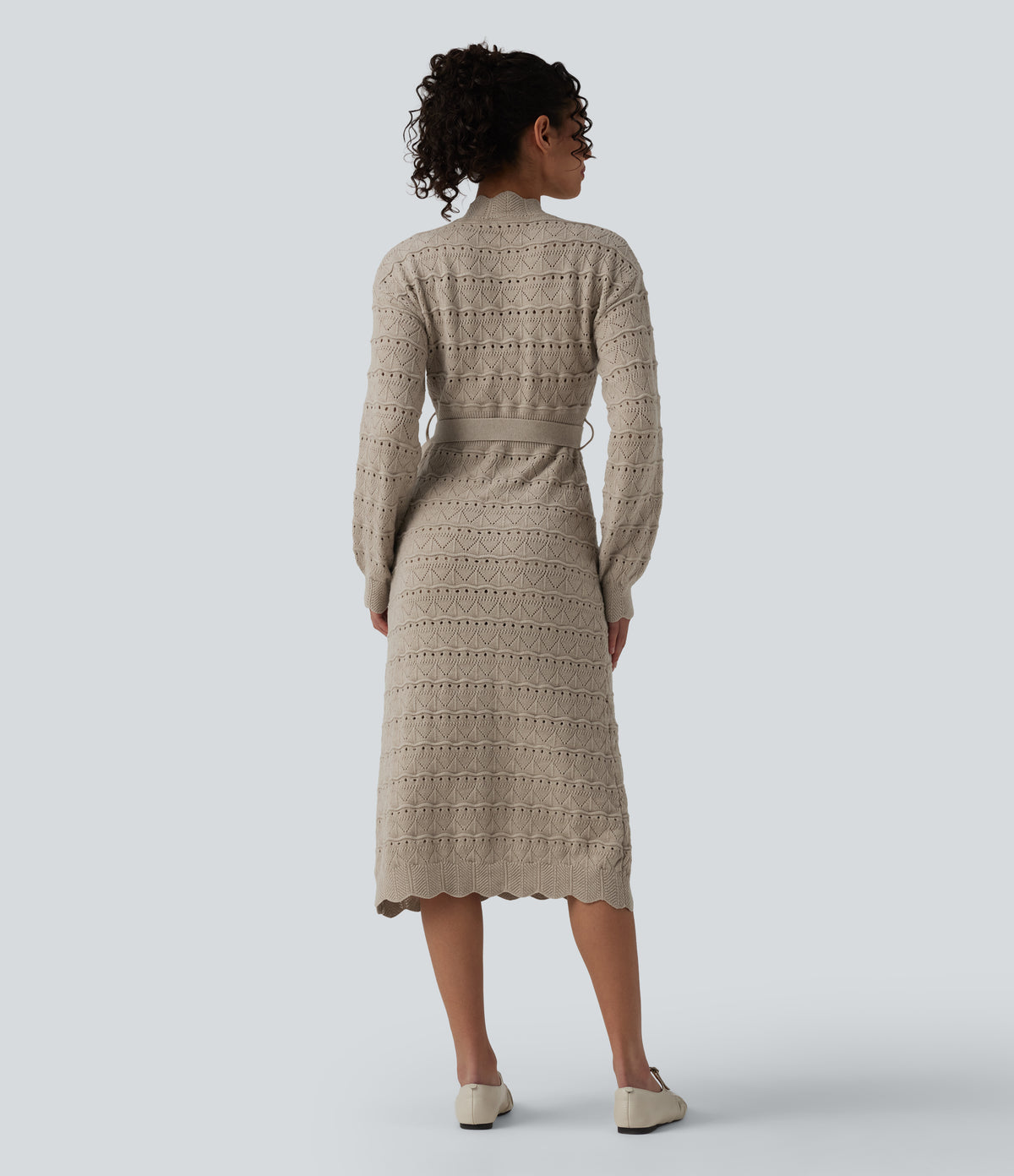 Long Sleeve Belted Midi Casual Jumper Dress — Silver Lining — view 2