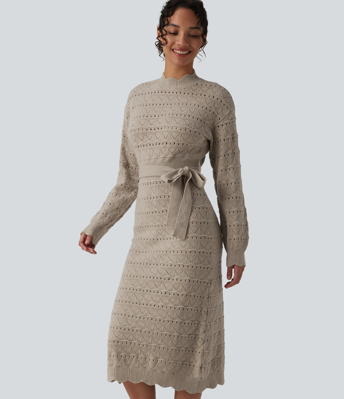 Long Sleeve Belted Midi Casual Jumper Dress — Silver Lining — view 4