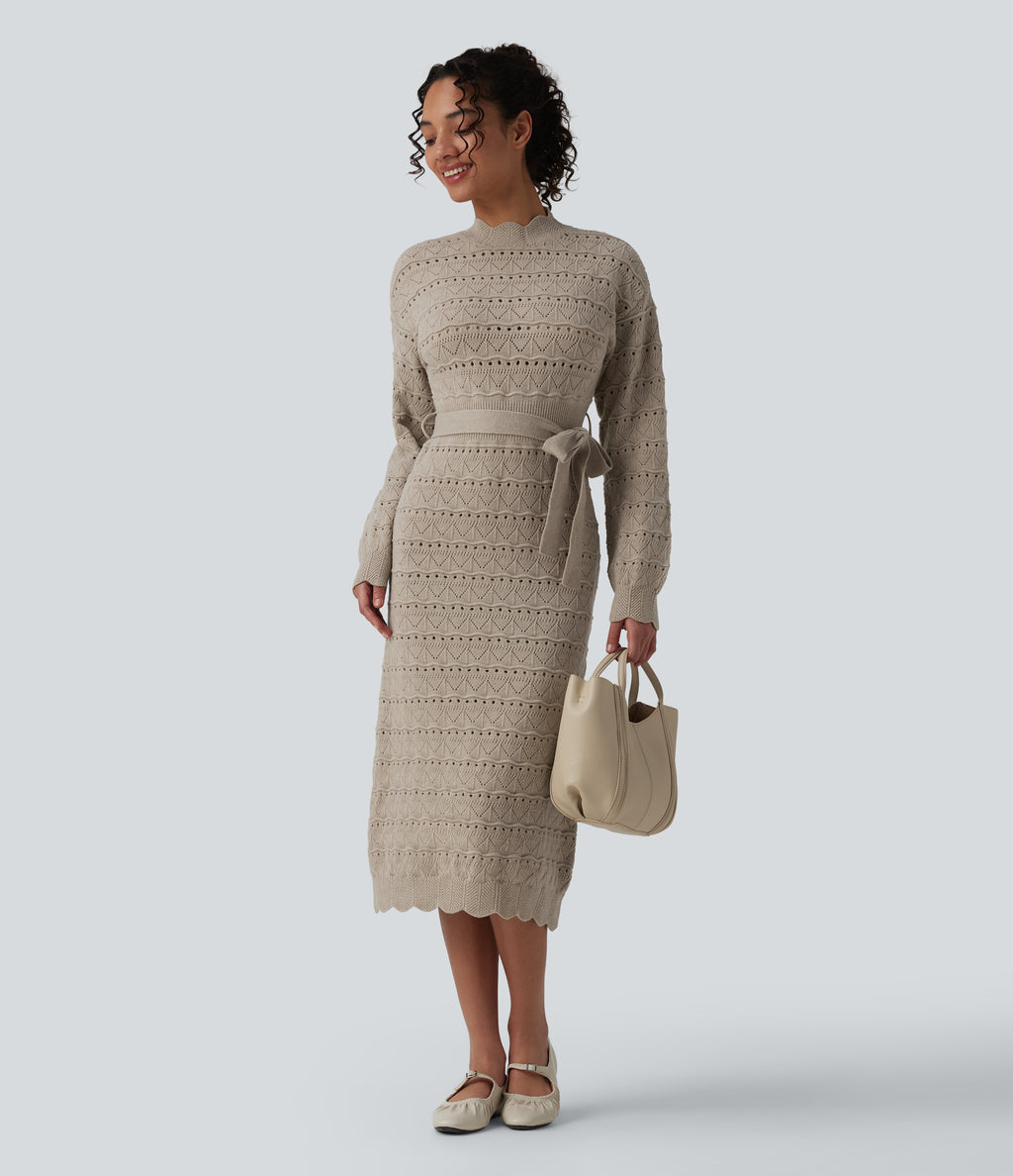 Long Sleeve Belted Midi Casual Jumper Dress — Silver Lining — view 5