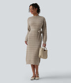 Long Sleeve Belted Midi Casual Jumper Dress — Silver Lining — view 5