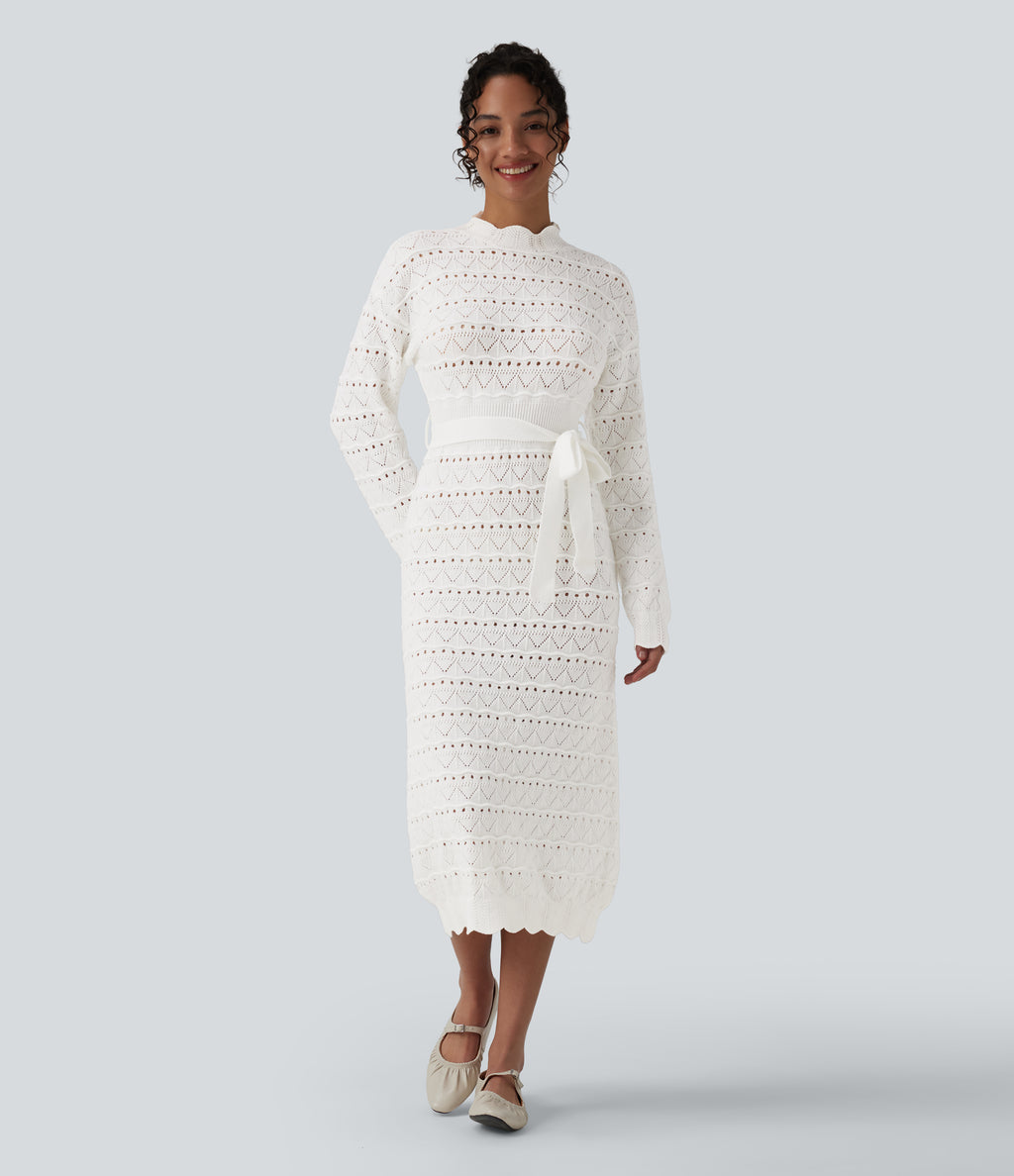 Long Sleeve Belted Midi Casual Jumper Dress — White — view 6