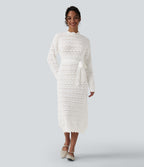Long Sleeve Belted Midi Casual Jumper Dress — White — view 6