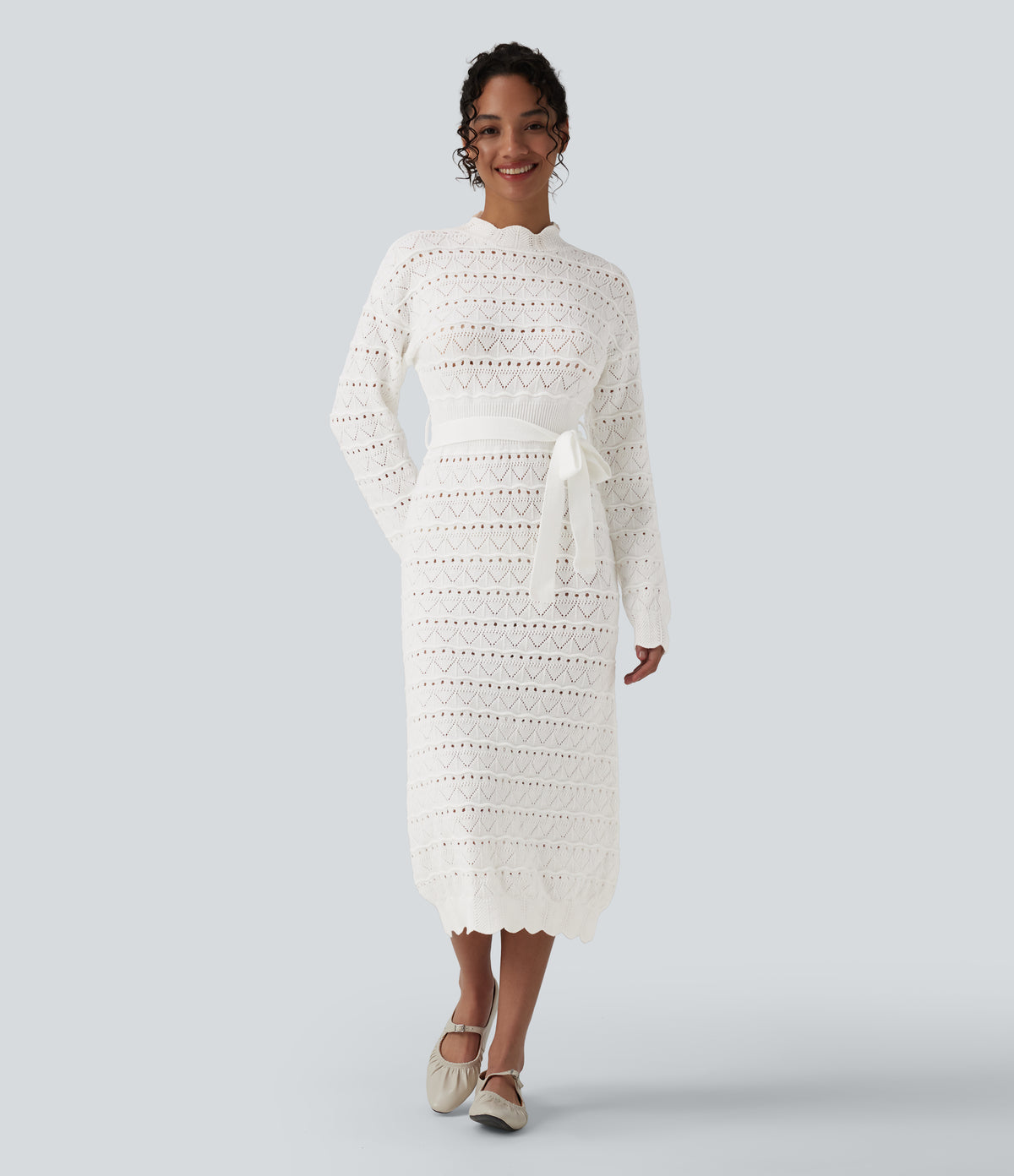 Long Sleeve Belted Midi Casual Jumper Dress — White — view 6