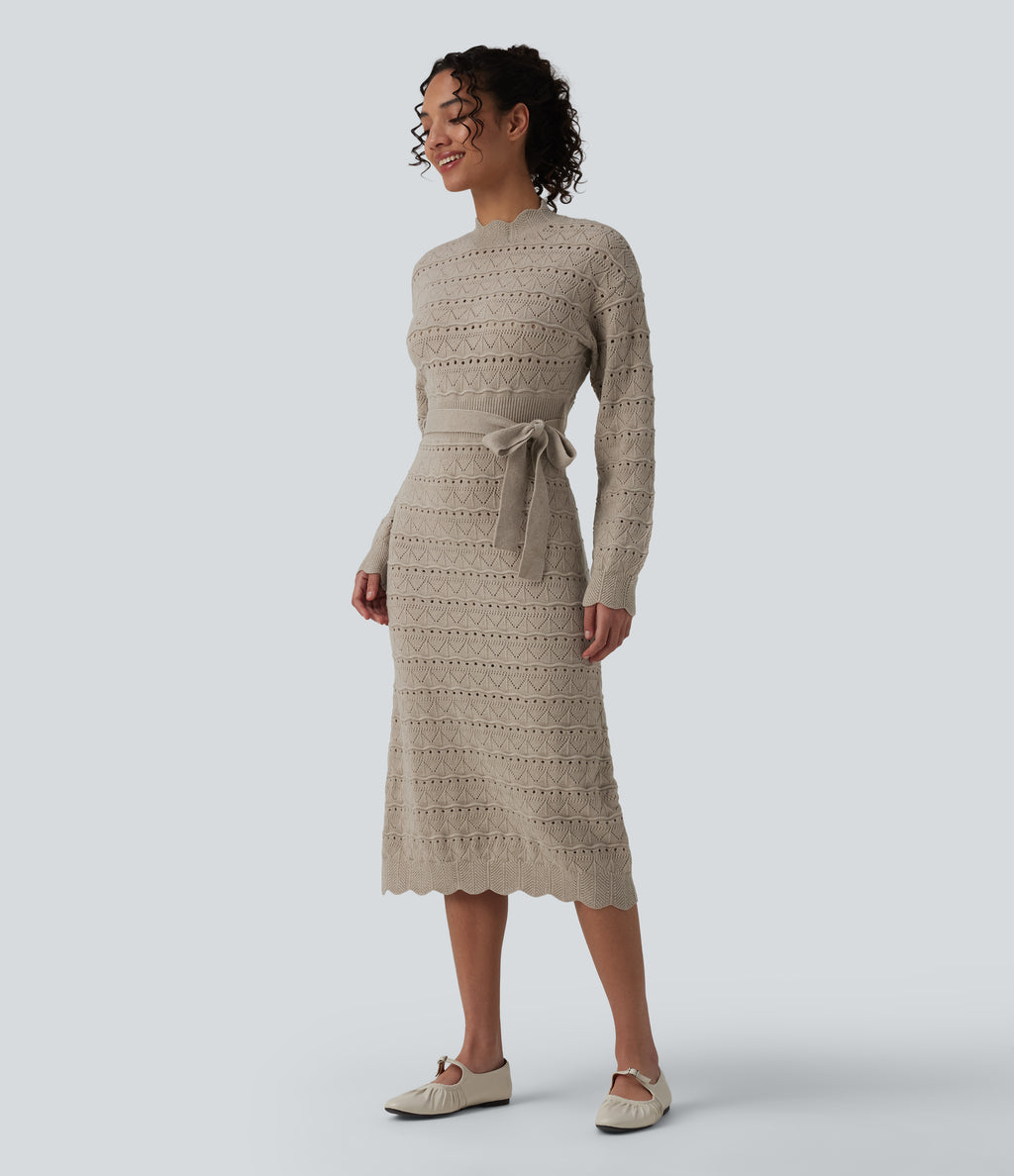 Long Sleeve Belted Midi Casual Jumper Dress — Silver Lining — view 3