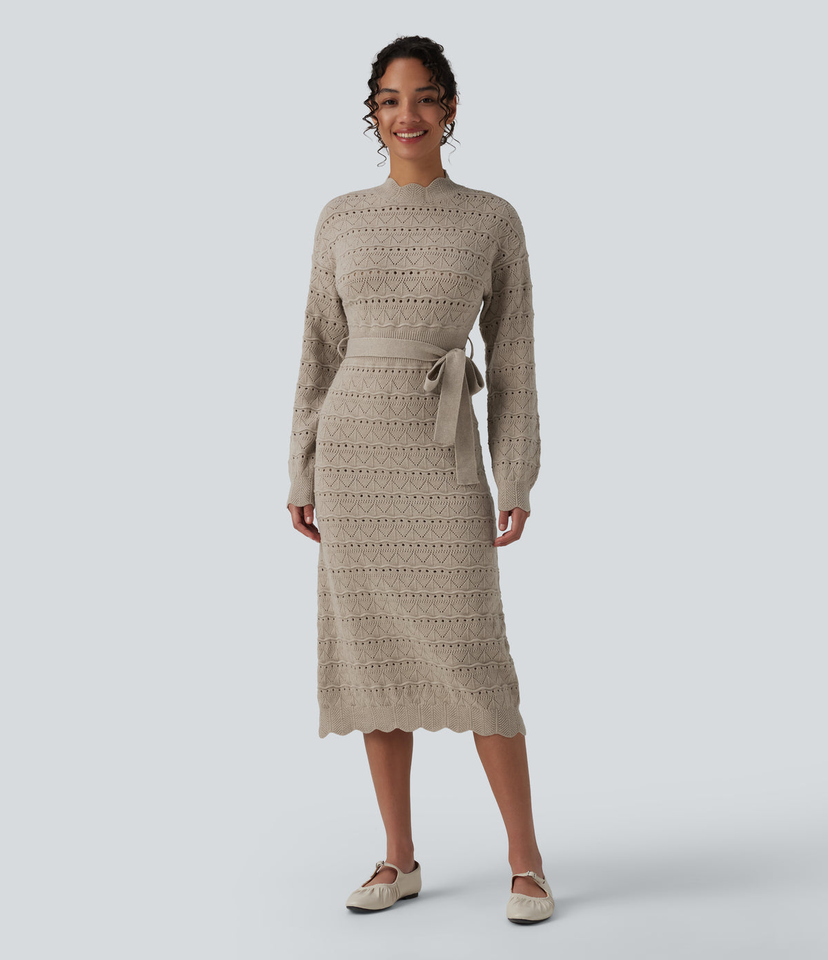 Long Sleeve Belted Midi Casual Jumper Dress — Silver Lining — view 1