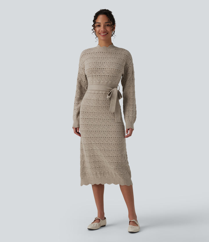Long Sleeve Belted Midi Casual Jumper Dress — Silver Lining — view 1
