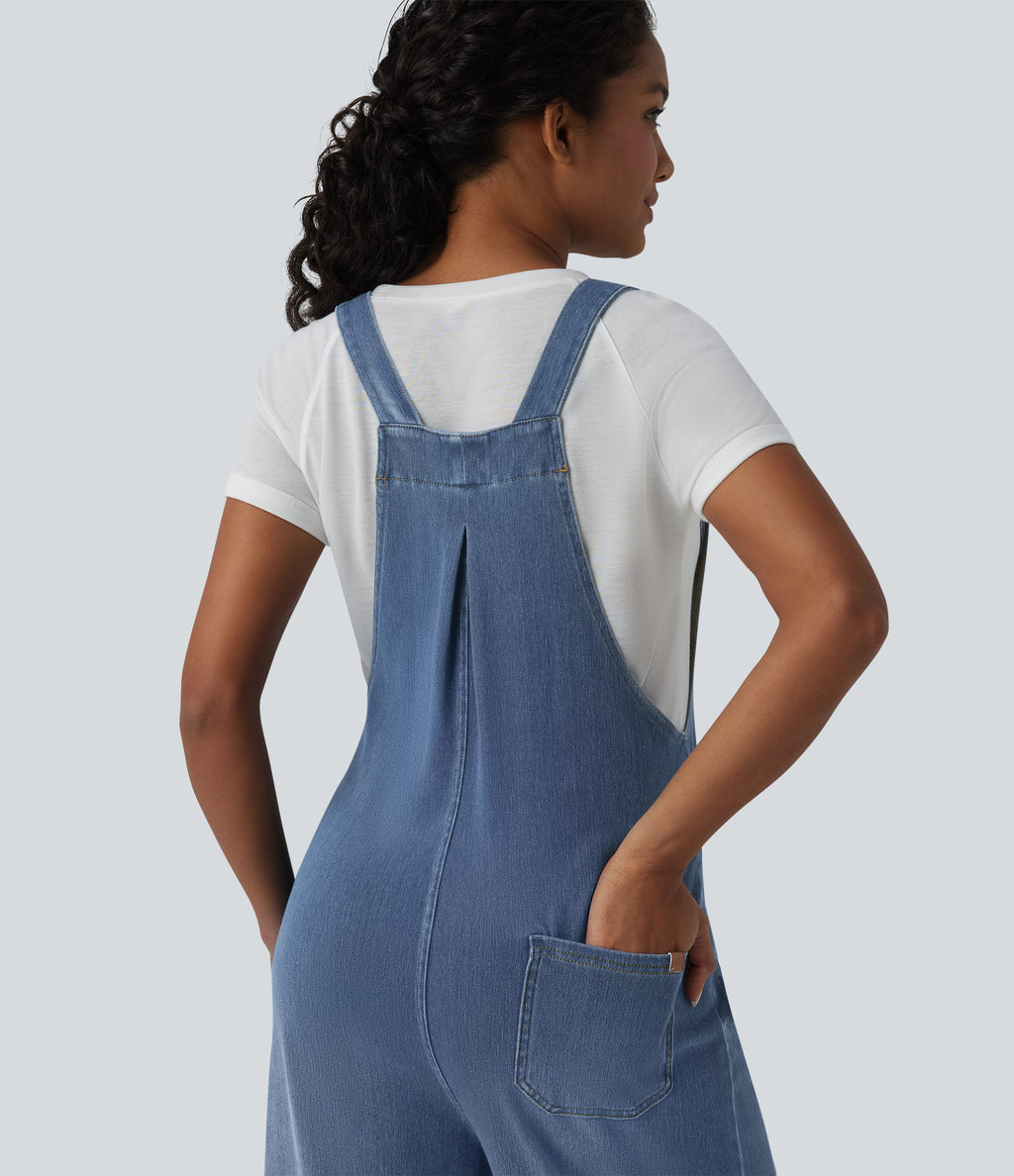 Wide Leg Denim Casual Dungarees with Pockets — Estate Blue Denim — view 4