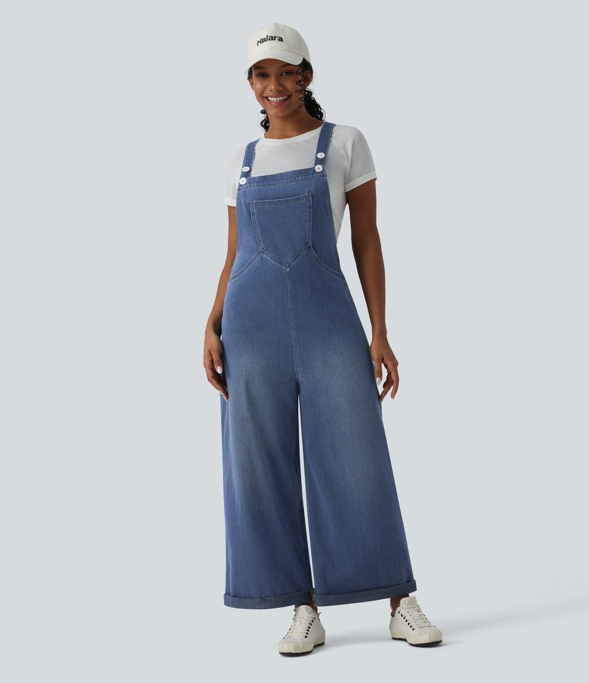Wide Leg Denim Casual Dungarees with Pockets — Estate Blue Denim — view 6