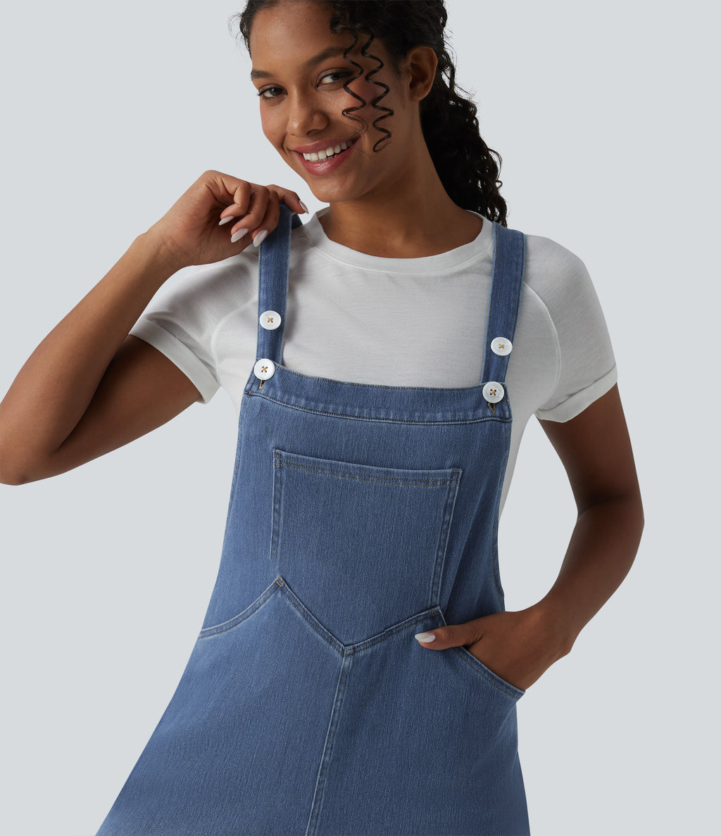 Wide Leg Denim Casual Dungarees with Pockets — Estate Blue Denim — view 5