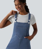 Wide Leg Denim Casual Dungarees with Pockets — Estate Blue Denim — view 5