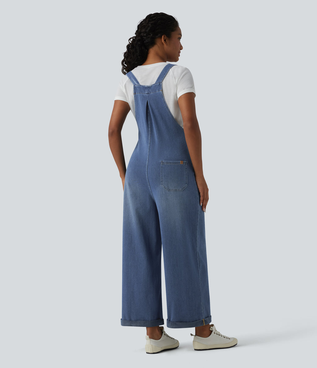 Wide Leg Denim Casual Dungarees with Pockets — Estate Blue Denim — view 2