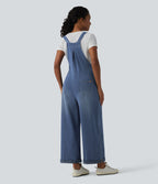 Wide Leg Denim Casual Dungarees with Pockets — Estate Blue Denim — view 2