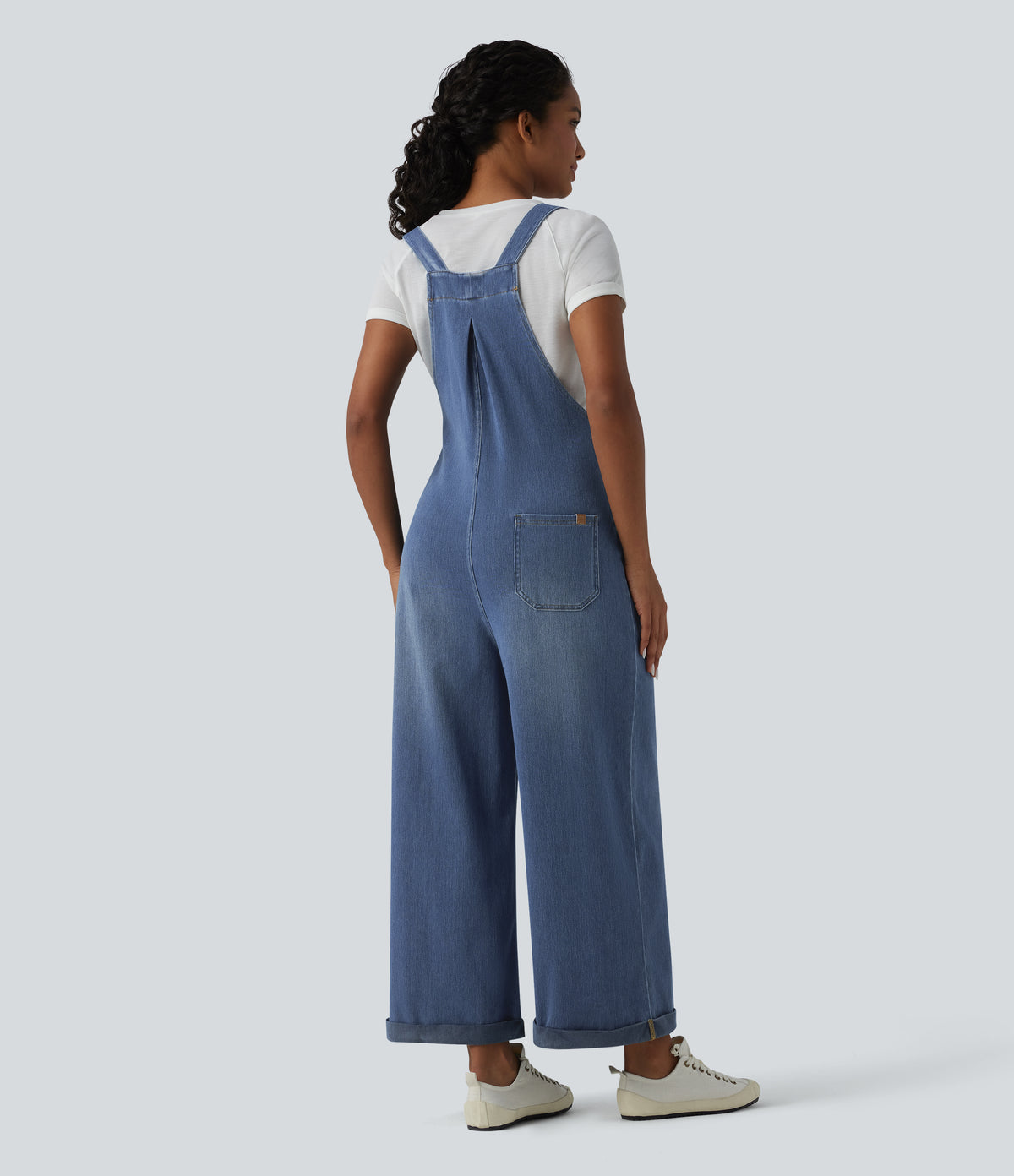 Wide Leg Denim Casual Dungarees with Pockets — Estate Blue Denim — view 2