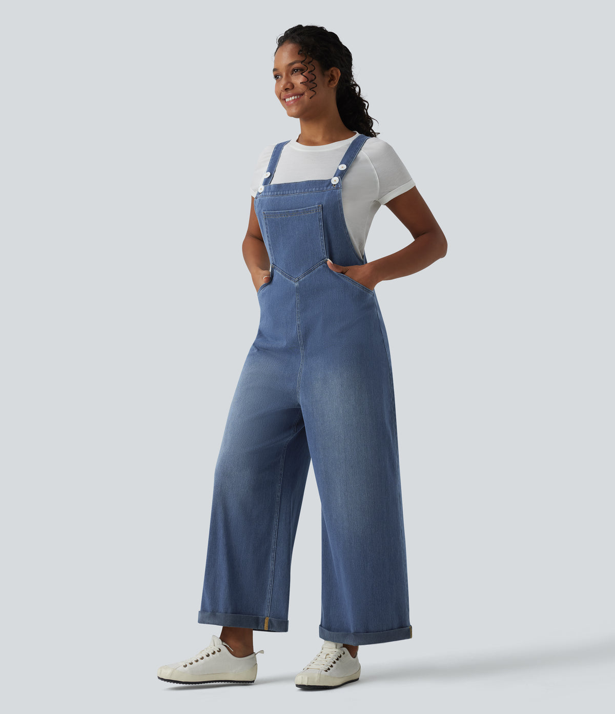 Wide Leg Denim Casual Dungarees with Pockets — Estate Blue Denim — view 1