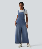 Wide Leg Denim Casual Dungarees with Pockets — Estate Blue Denim — view 3