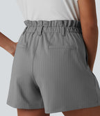 Ruffle High Waisted Pleated Stripe Casual Shorts 4'' with Pockets — Dusk Smoke Pinstripe — view 4