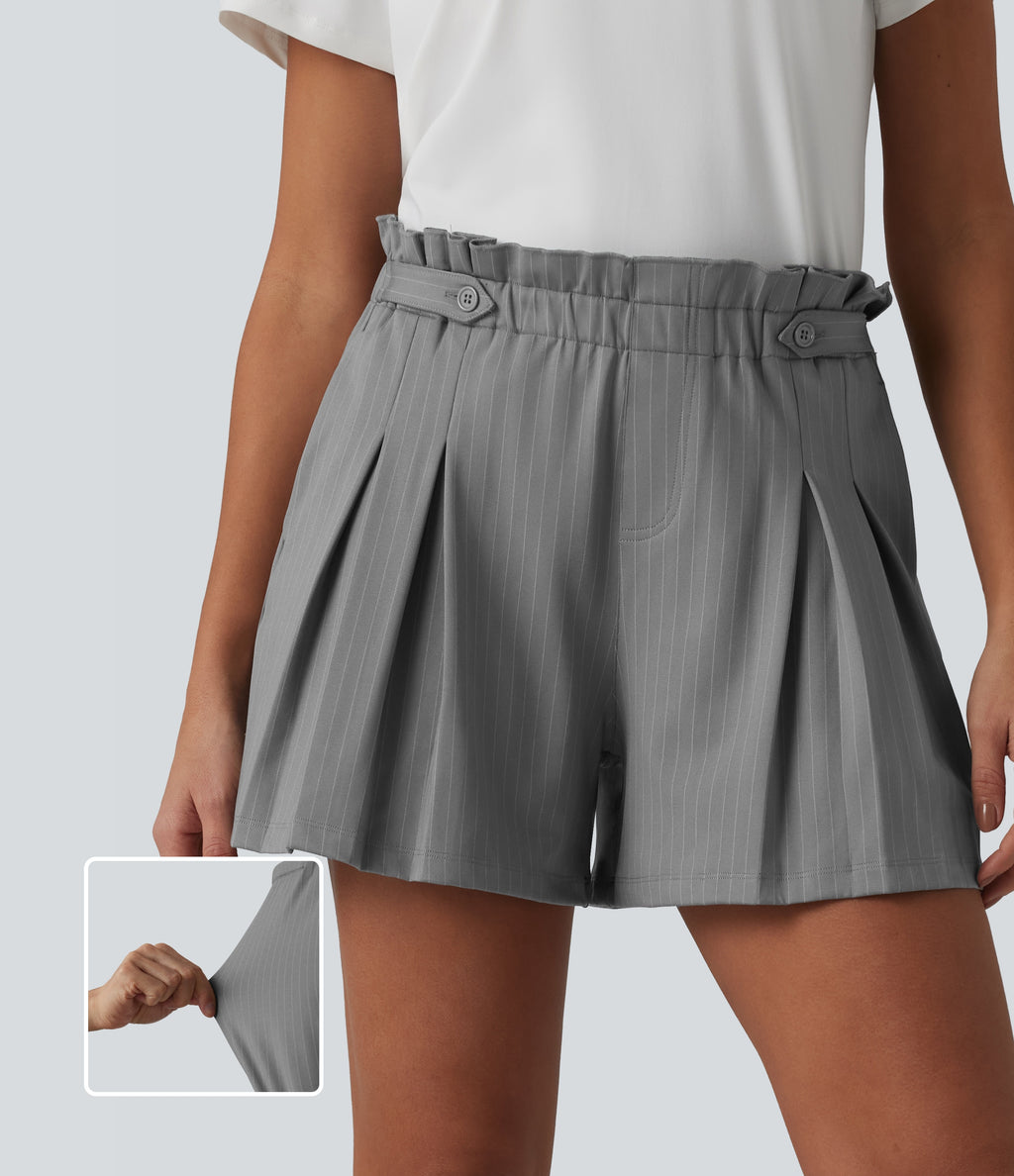 Ruffle High Waisted Pleated Stripe Casual Shorts 4'' with Pockets — Dusk Smoke Pinstripe — view 1