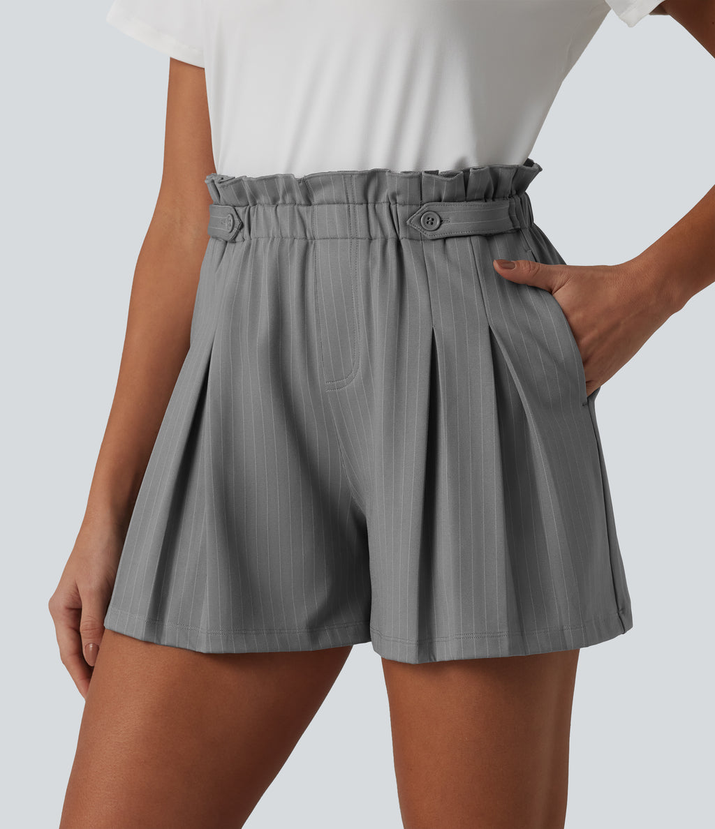 Ruffle High Waisted Pleated Stripe Casual Shorts 4'' with Pockets — Dusk Smoke Pinstripe — view 3