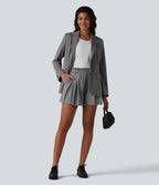 Ruffle High Waisted Pleated Stripe Casual Shorts 4'' with Pockets — Dusk Smoke Pinstripe — view 6