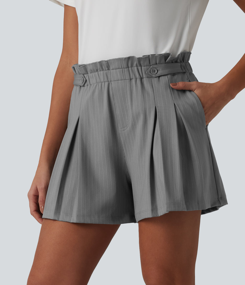 Ruffle High Waisted Pleated Stripe Casual Shorts 4'' with Pockets — Dusk Smoke Pinstripe — view 5