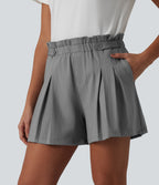 Ruffle High Waisted Pleated Stripe Casual Shorts 4'' with Pockets — Dusk Smoke Pinstripe — view 5
