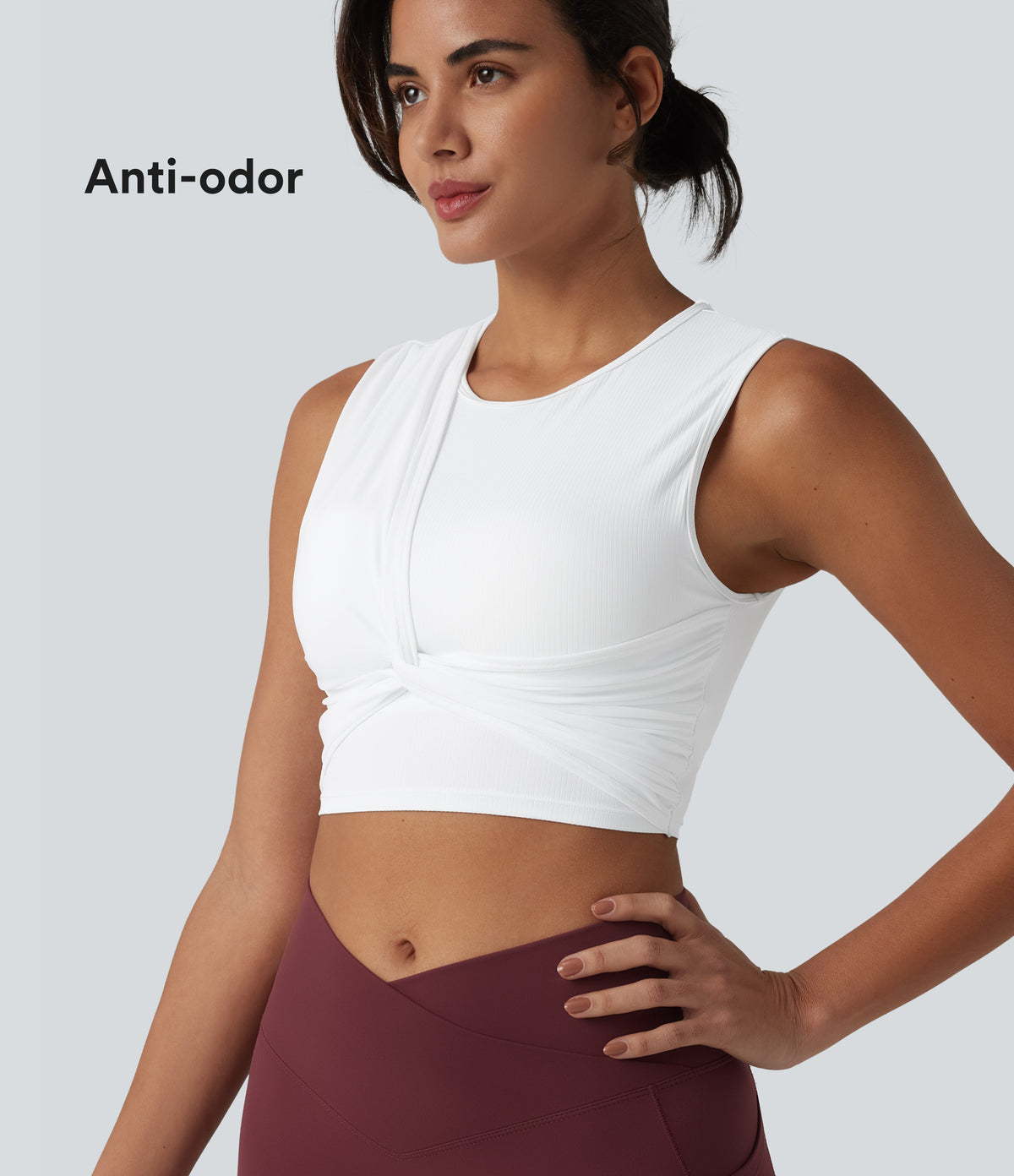 Ribbed Knit Twisted Mesh Overlay Built-in Bra InstantCool Anti-odor Yoga Cropped Tank Top-UPF40+ — Frost White — view 1